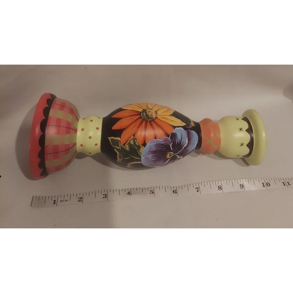 Tracy HS Porter Vintage Signed Wooden Candlesticks Hand Painted Floral Folk Art